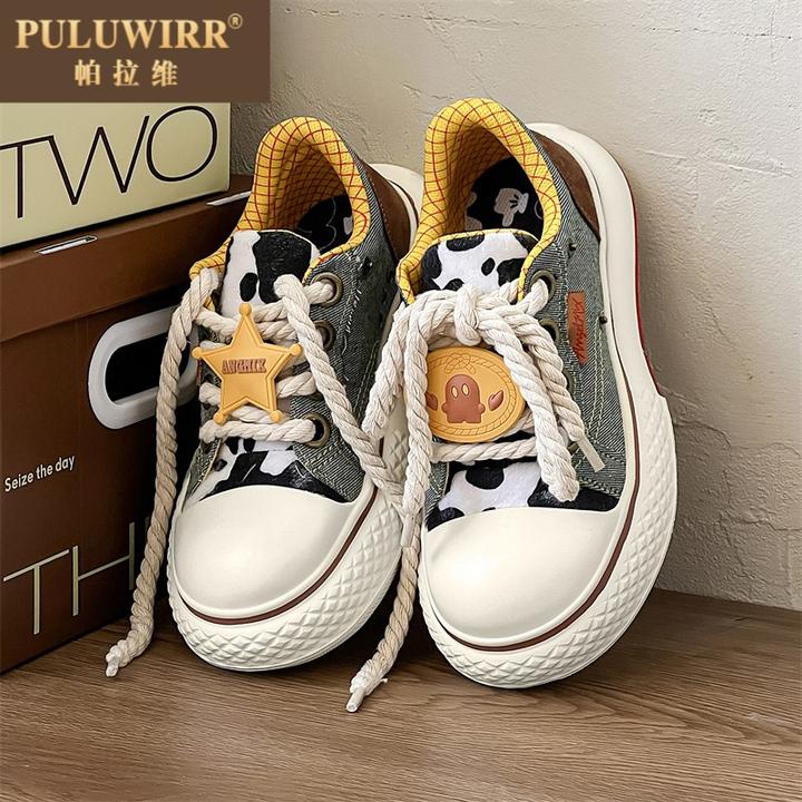 丑萌可爱大头联名款帆布鞋女夏季国潮厚底增高学生休闲板鞋男百搭
