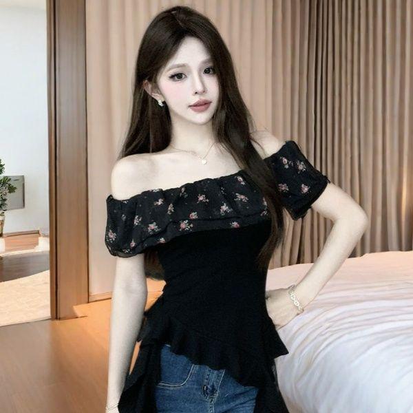 法式荷叶不规则设计新款短袖夏季辣妹一字洋气修身T恤露肩上衣