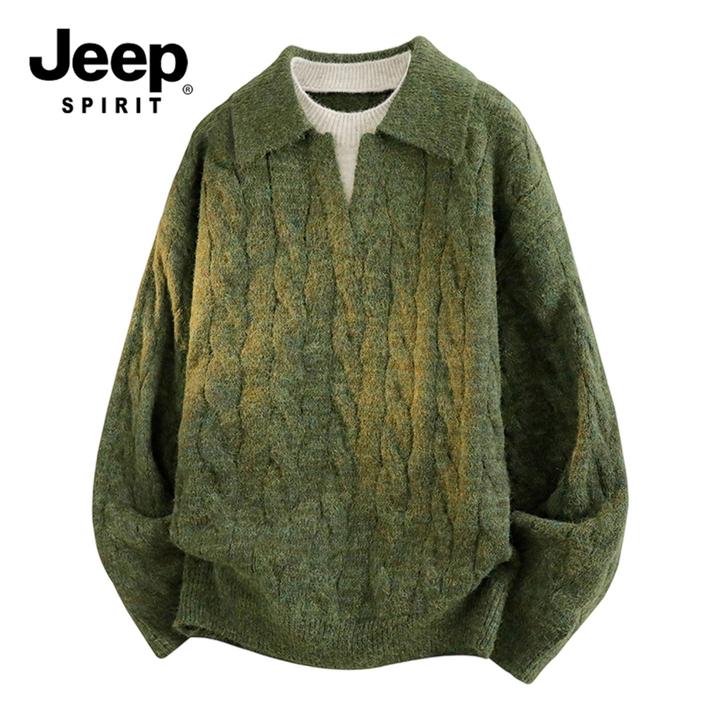 JEEP吉普法式复古男士秋冬毛衣针织衫麻花翻领潮流休闲百搭上衣服
