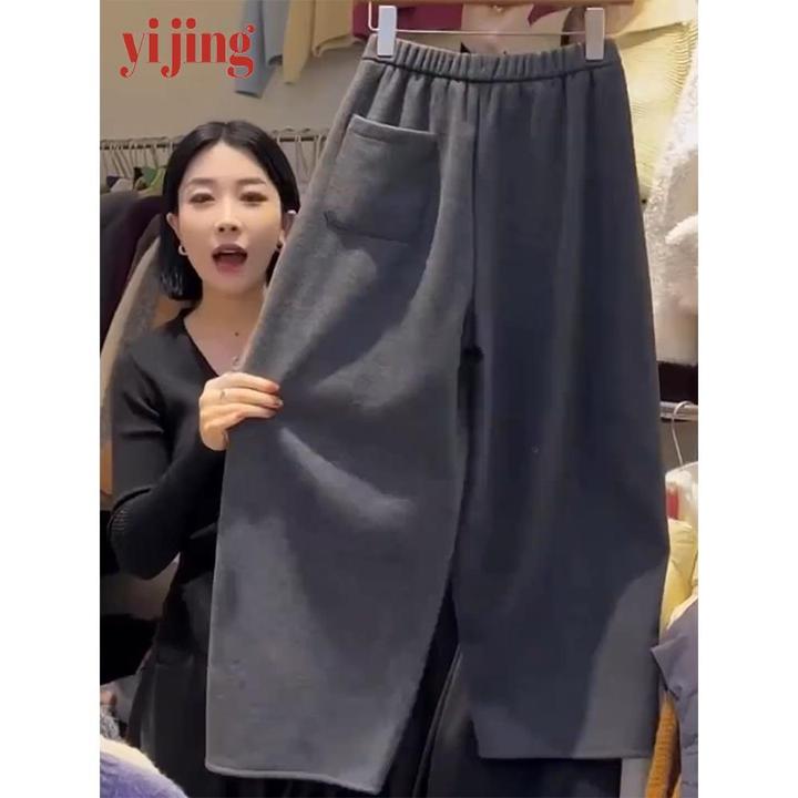 灰色天鹅绒加厚女士休闲裤春季新款大尺寸梨形身材娇小九分弯刀卫