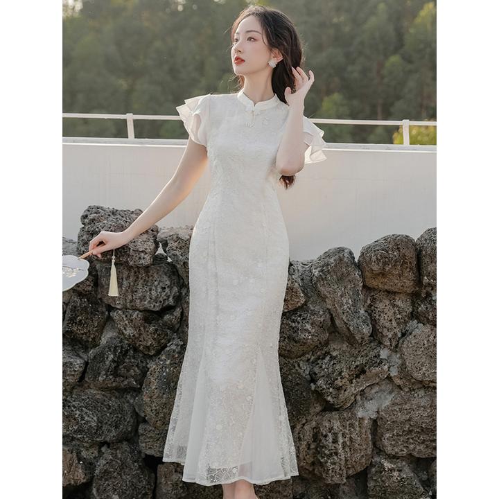 新中式改良重工刺绣旗袍鱼尾订婚结婚裙白色连衣裙夏季气质修身裙