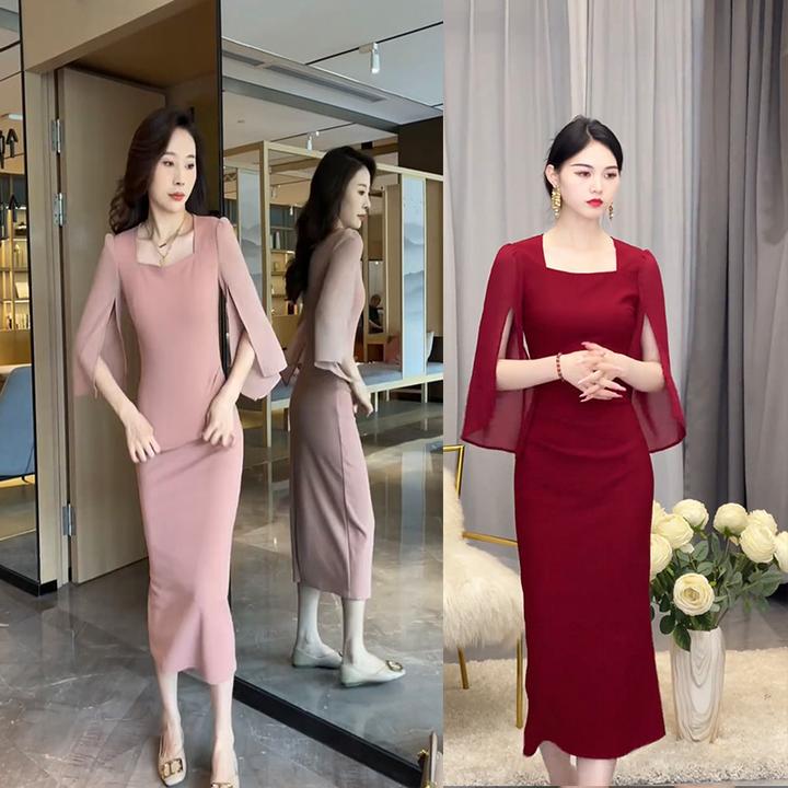 2025夏新款时尚气质连衣裙方口领披肩袖褶皱修身优雅长款连衣裙女