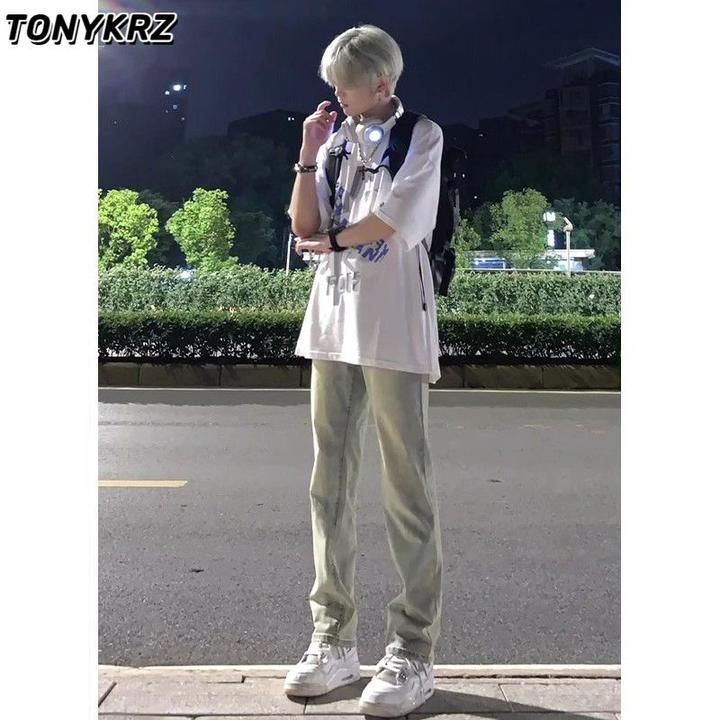 TONYKRZ黄泥色牛仔裤男春夏美式潮牌高街百搭显瘦显高微喇裤子ins