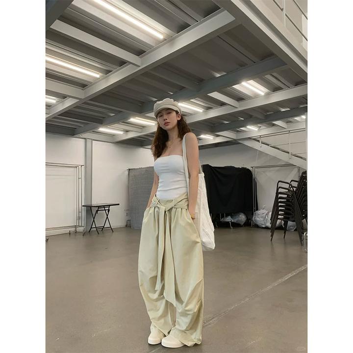 夏季新款气质简约时尚小众辣妹纯欲抹胸背心上衣高腰绑带阔腿裤女