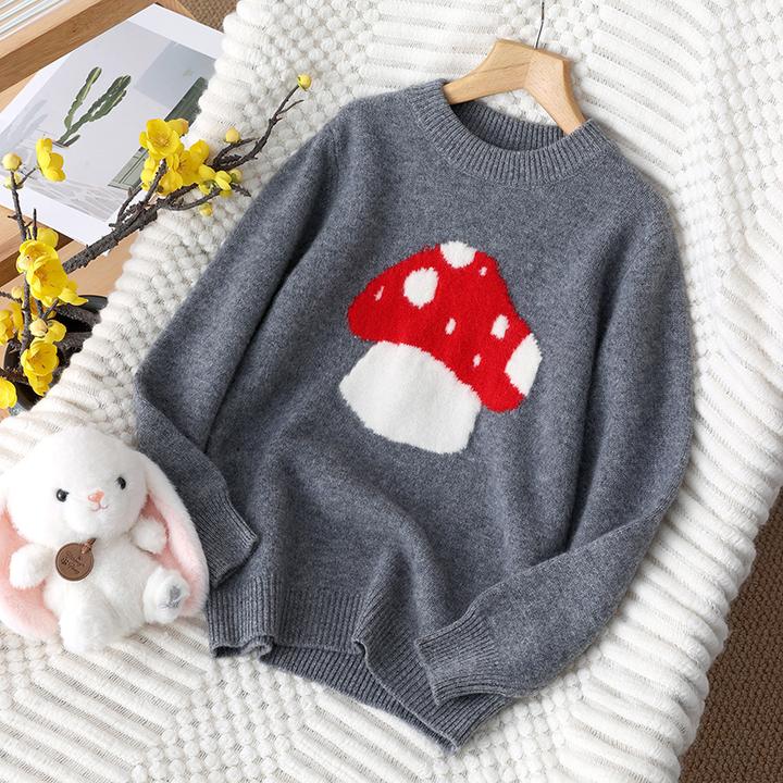 双股半高卡通蘑菇儿童羊绒衫男女童套头毛衣大小童针织羊毛打底衫