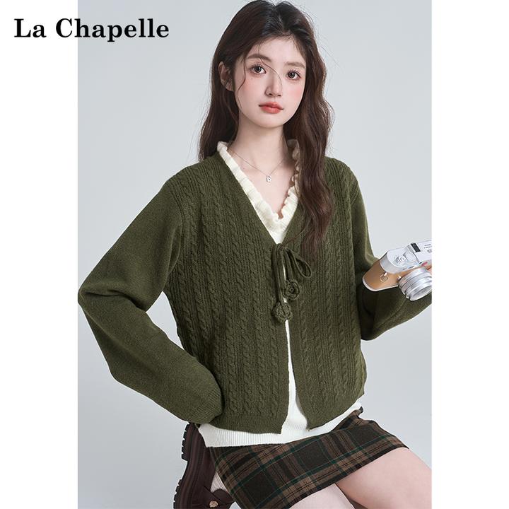 拉夏贝尔春秋新款慵懒风假两件针织衫女V领宽松内搭上衣打底毛衣