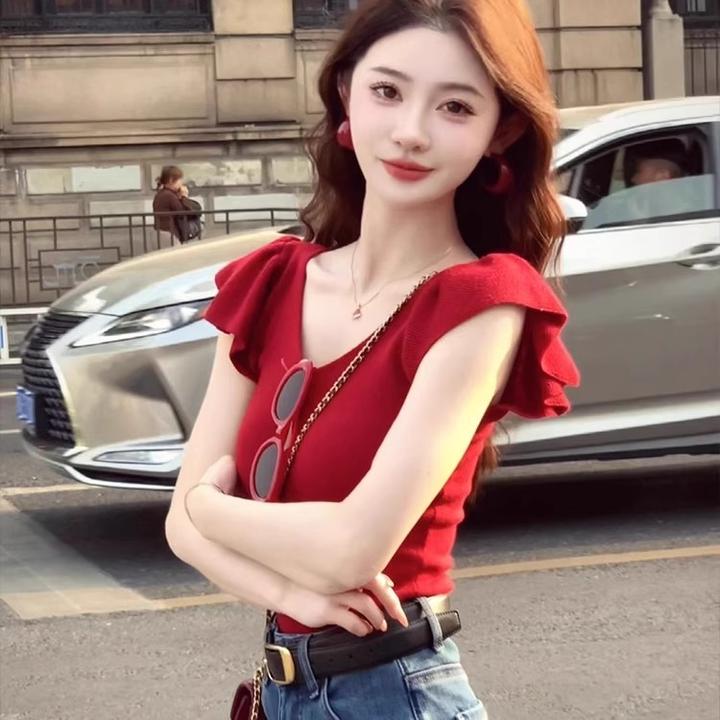 红色V领短袖针织衫正肩T恤女夏季修身显瘦纯欲辣妹小飞袖短款上衣