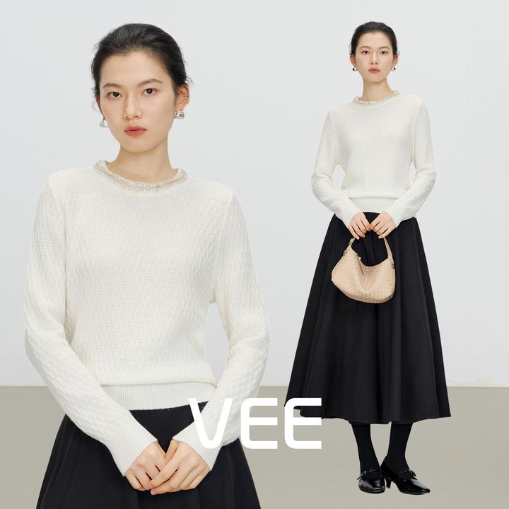 VEE【零星】羊绒混纺重工钉珠套头针织衫女冬季新款打底上衣毛衫
