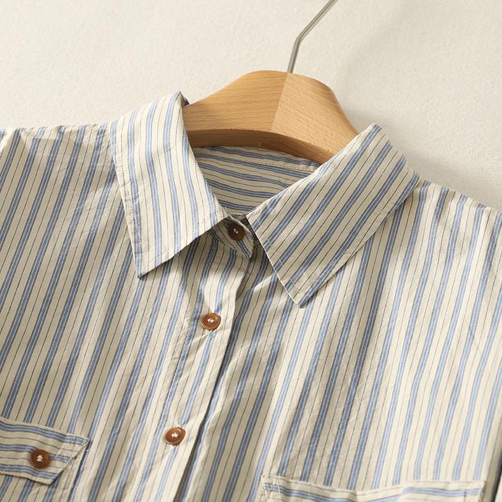 双口袋翻领拼接衬衫女式中长款宽松休闲减龄蓝色条纹长袖防晒衬衣