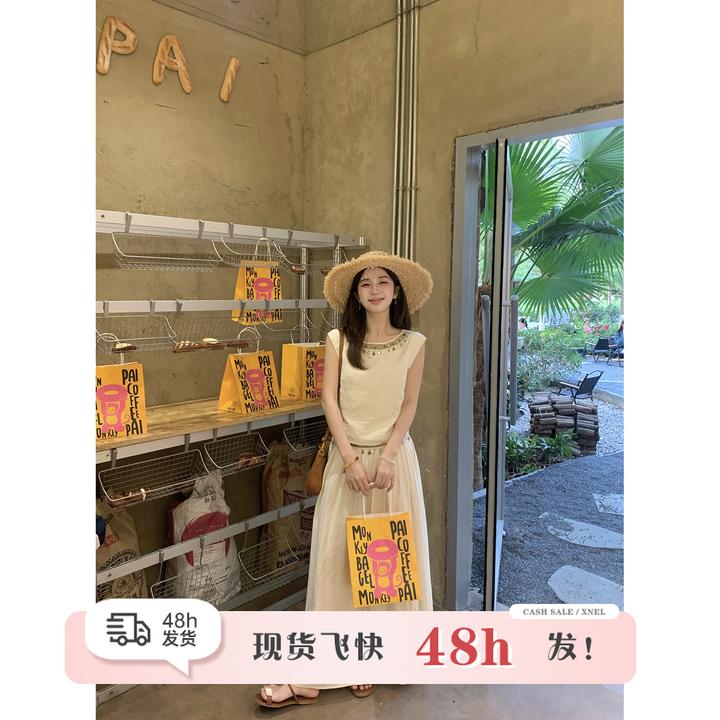清仓陳文文【雨后椿山】夏清冷感气质套装无袖上衣半裙两件套TZ3184