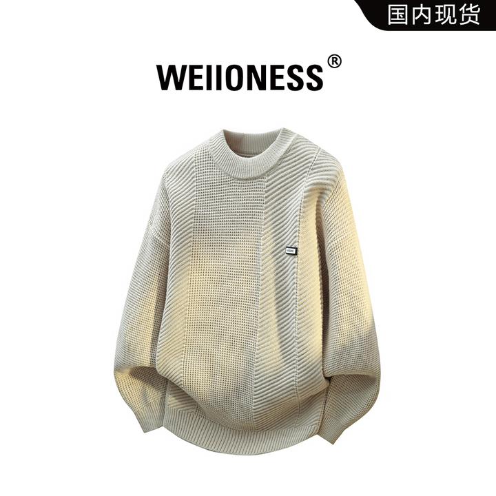 WEIIONESS圆领长袖毛衣男秋季针织纯色休闲上衣徽章设计百搭男装