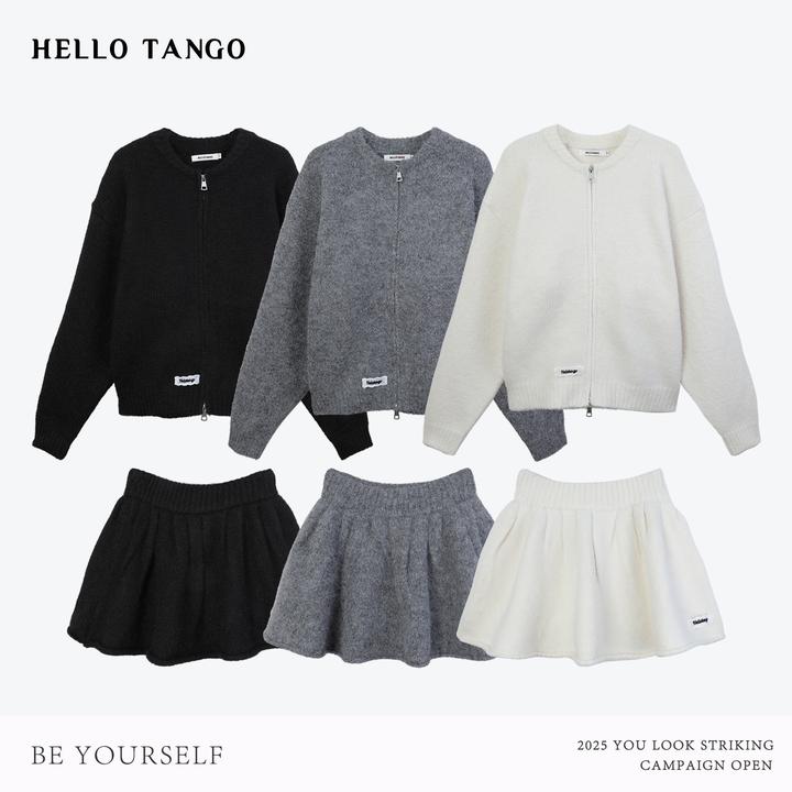 HELLOTANGO《懵懂情书》秋冬韩系保暖羊毛混纺针织开衫裙裤套装8367