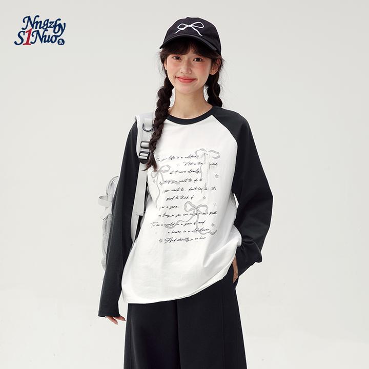 初中生撞色长袖T恤2025秋季新款字母印花女童宽松上衣C25CT0111Z