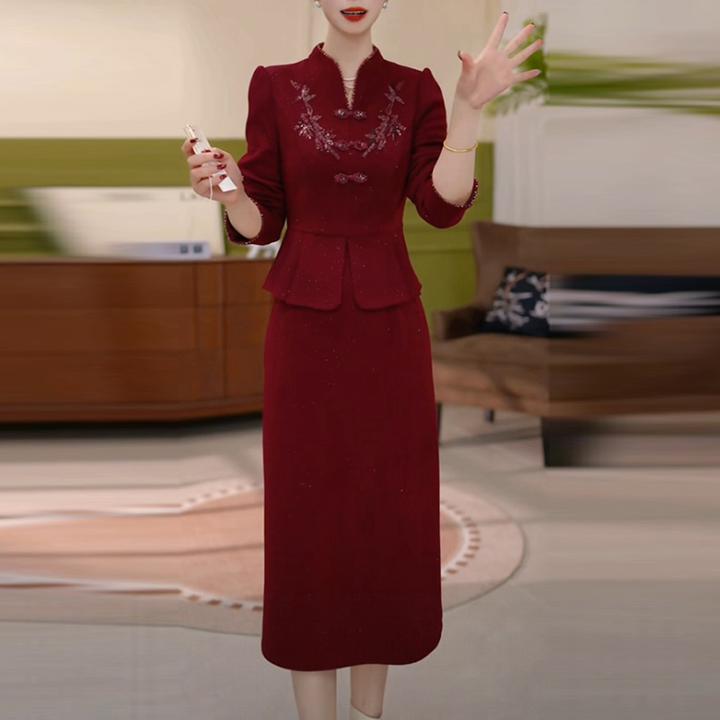 色织精纺红色婚宴礼服2025秋冬季新款加厚长袖打底假两件连衣裙子