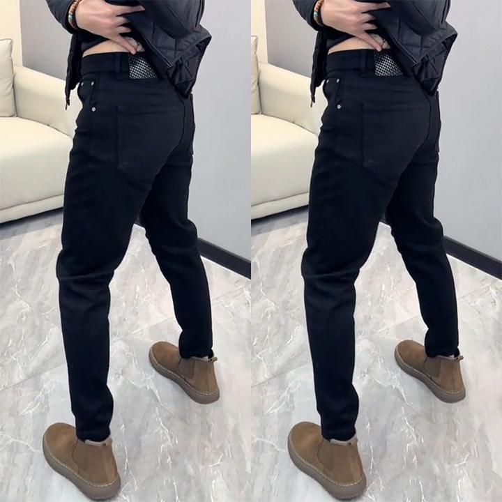 修身牛仔裤男士2025秋冬简约弹力小直脚裤加绒潮牌黑色欧货休闲裤