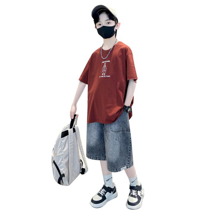新款洋气儿童时尚潮牌棉质中大童套装潮流牛仔舒适无帽薄款上