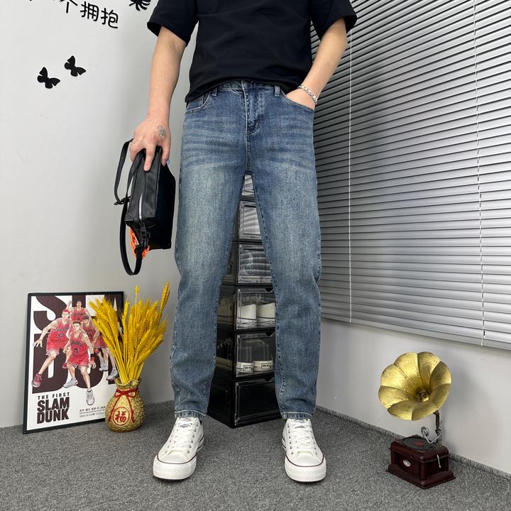 男士春季新款深蓝色休闲百搭纯色净版弹力牛仔裤水洗修身男款裤子