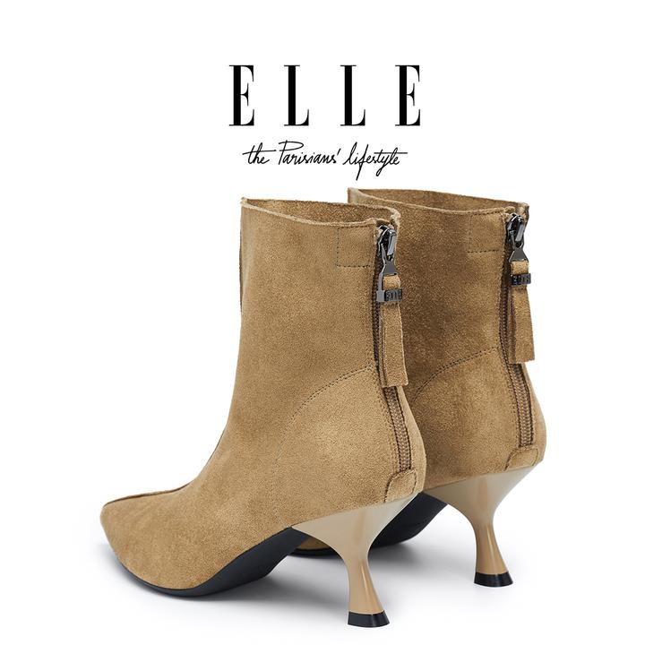 ELLE流光风尖头绒面细跟短靴女2025秋冬时尚百搭配大衣高跟马丁靴