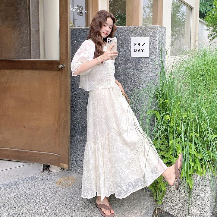 白色套装女2025夏季新款法式温柔气质高级感蕾丝上衣半身裙两件套