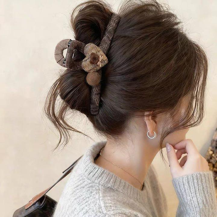 小熊爱心咖色格2025新款高级感大号鲨鱼夹盘夹子发饰