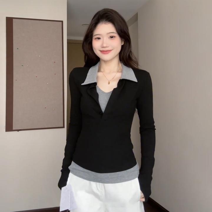 大码胖mm早秋设计感撞色拼接假两件长袖T恤2025新款修身显瘦上衣