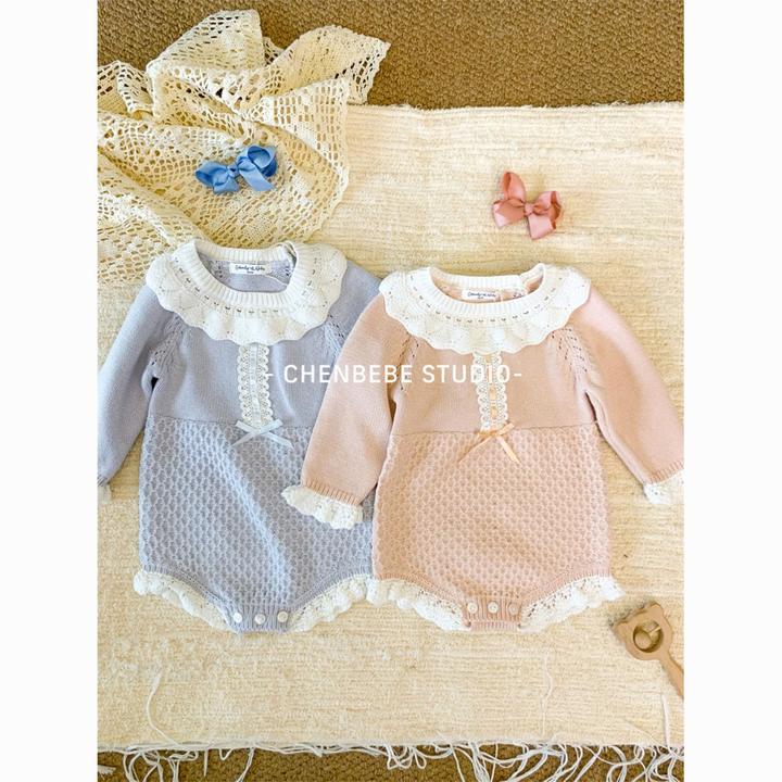 女秋季春季甜美儿童春秋棉质秋冬风连体衣可爱针织领包屁哈衣