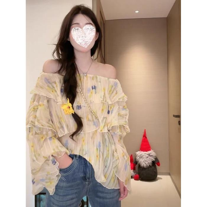 大码胖MM法式复古碎花一字肩长袖衬衫荷叶边甜美独特别致上衣