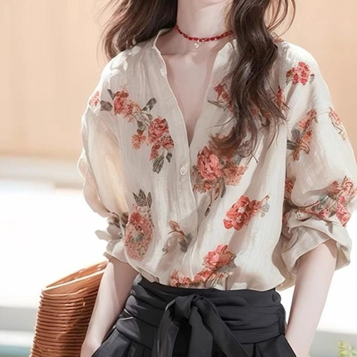 法式独特小今年流行漂亮小衫早秋新款印花长袖衬衫女韩版小众百搭