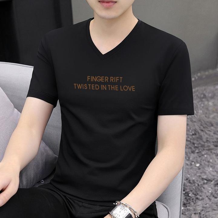 2025夏季新款男士短袖T恤V领衫潮流休闲透气男装打底上衣服体恤