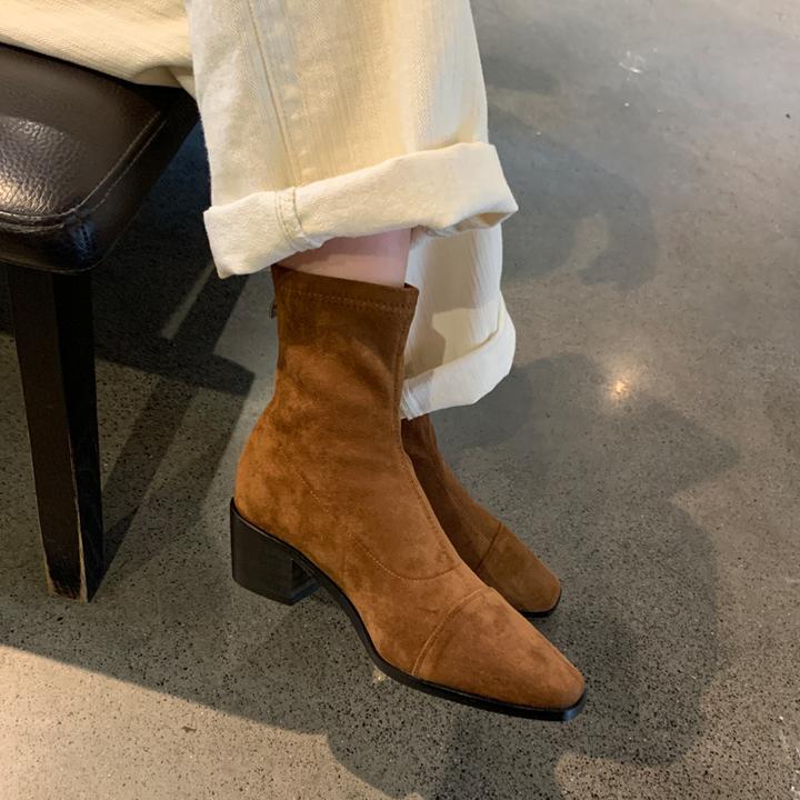 中跟绒面韩系小踝靴女鞋百搭绒绒瘦瘦靴洋气短靴子2024新款秋冬季