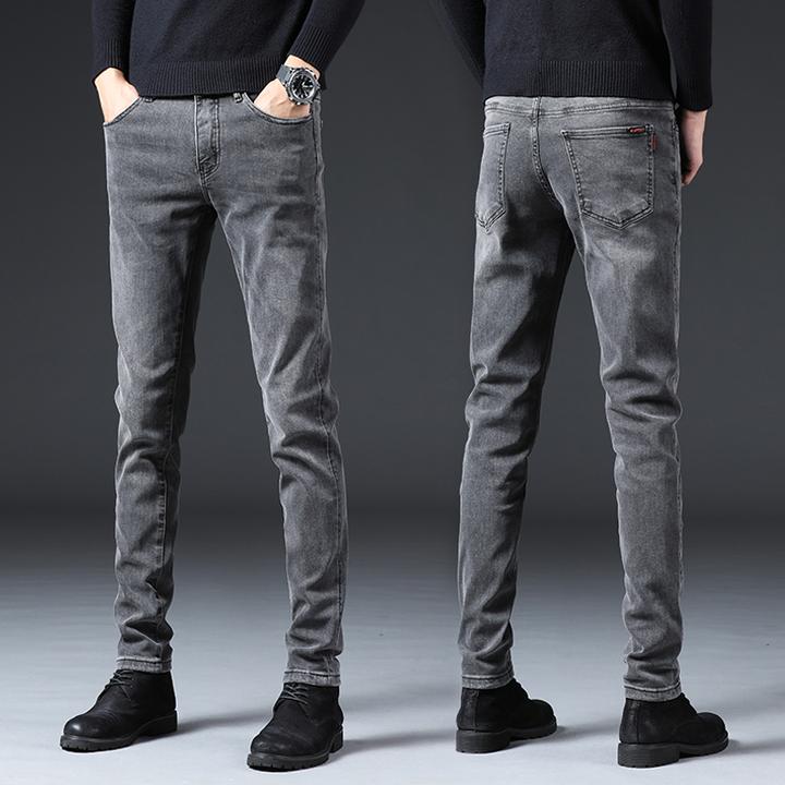 香港高端牛仔裤男士修身小脚弹力2025秋季新款潮牌烟灰色百搭长裤