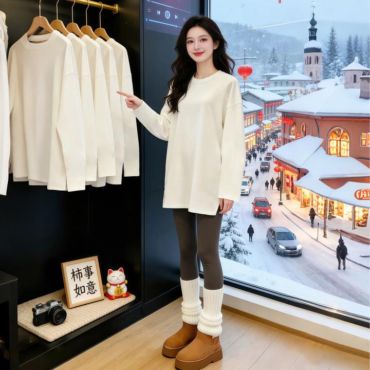 大码白色德绒内搭打底衫圆领长袖t恤女秋冬季微胖MM显瘦宽松上衣