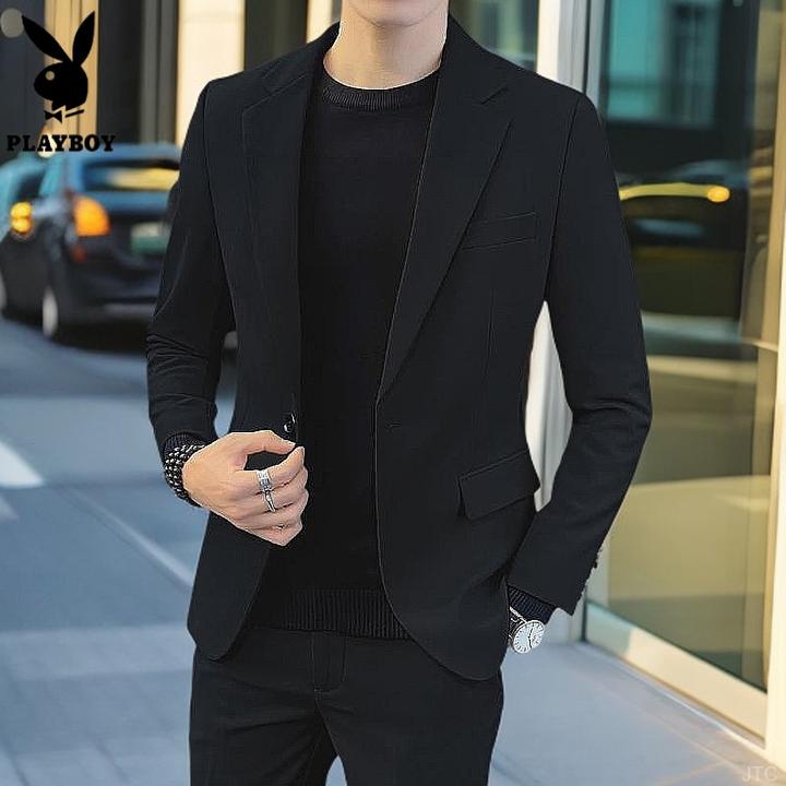 PLAYBOY花花公子冬季潮帅气衣服修身流上黑色西服套装男士小西装