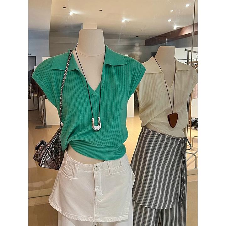 小飞袖针织上衣女坎肩别致 短款修身设计感韩版洋气半开v领polo衫