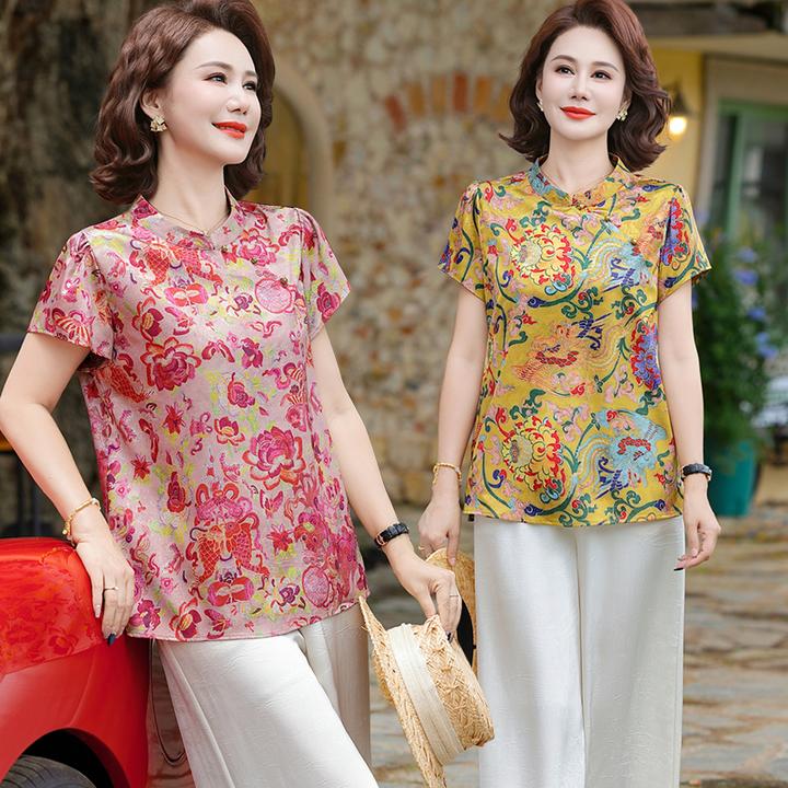 妈妈短袖雪纺衫上衣女套装中老年时尚洋气减龄小个子夏装复古50岁
