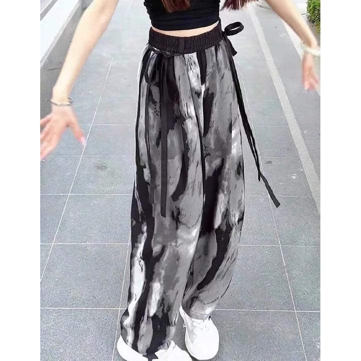 水墨画国风薄款冰丝阔腿裤扎染高腰垂感休闲裤宽松新中式女装夏季