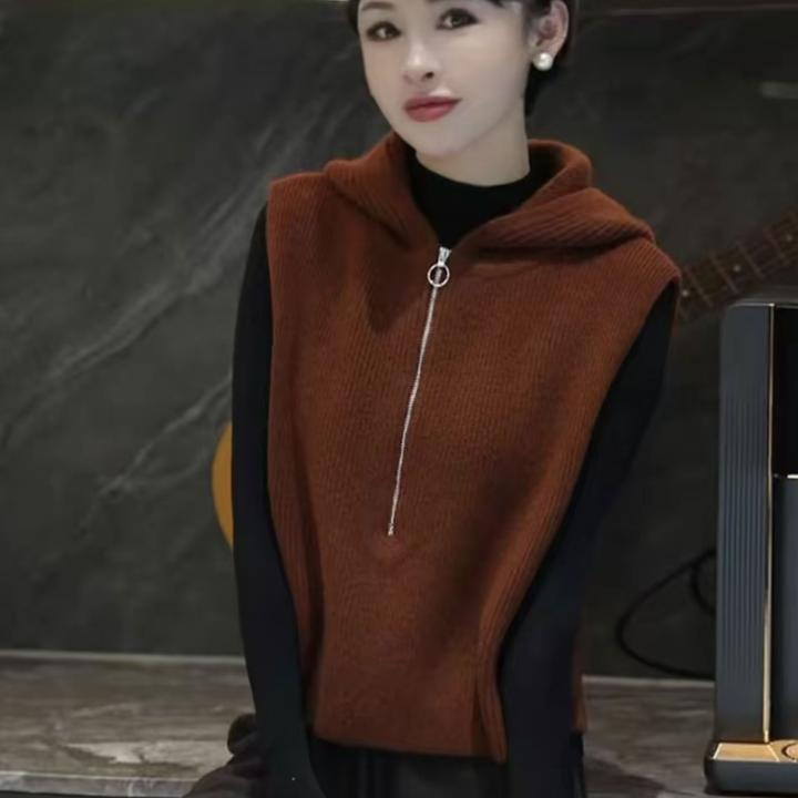 欧货毛衣纯色无袖针织打底衫马甲2025秋季连帽设计感马夹上衣女装