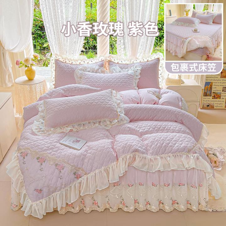 全棉床笠式床裙四件套加厚夹棉被套韩式公主A类床罩4件套纯棉床品