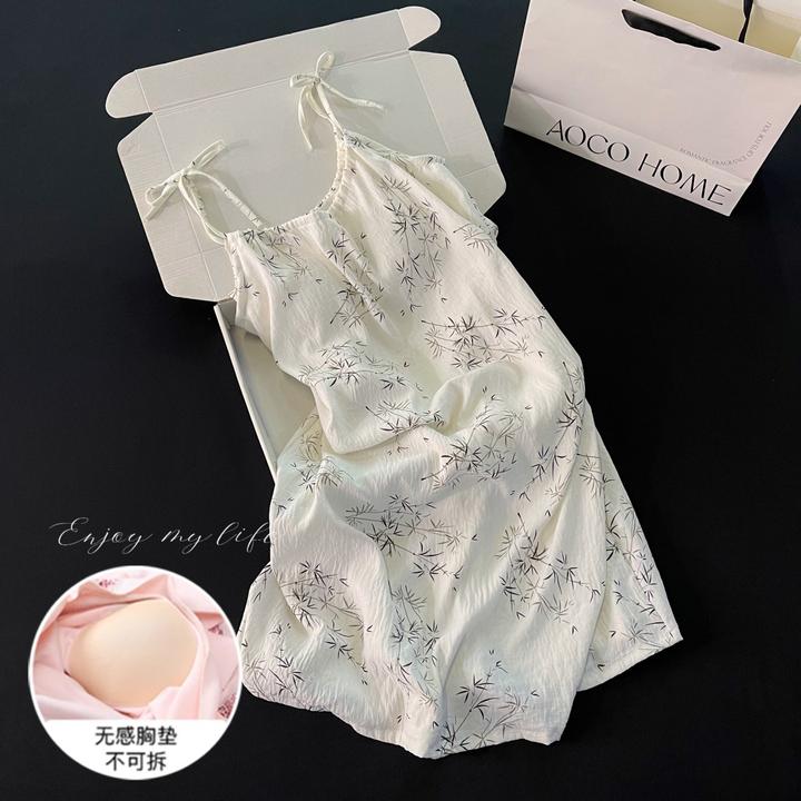吊带睡裙女夏季睡衣带胸垫云朵棉大码凉感绑带国风淡竹裙子家居服