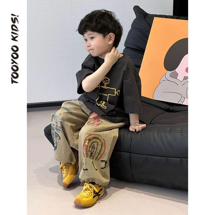 戴维贝拉【清仓】儿童童装套装夏季新款印花短袖恤百搭涂鸦长款防蚊