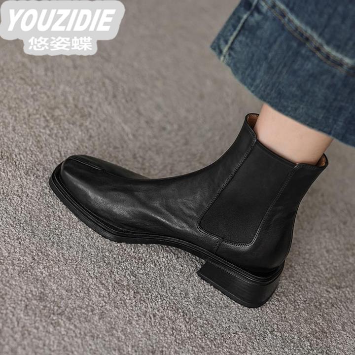 YOUZIDIE头层牛皮粗跟中跟短靴子女2025秋冬百搭黑色方头切尔西靴