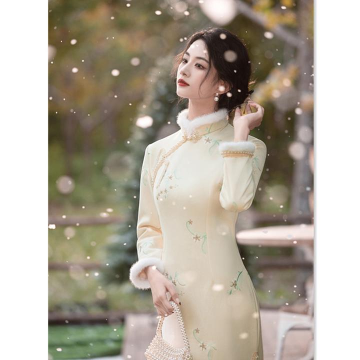 麂皮绒加绒加厚素雅时尚长款七分袖旗袍2024冬季新款女士国风旗袍