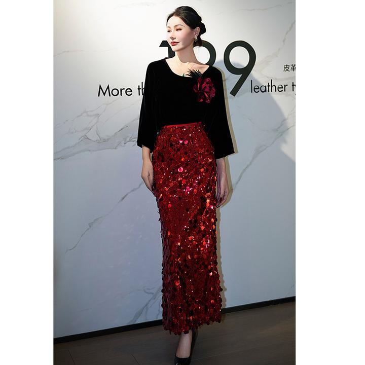 高定女装2025春夏新款配花朵时尚丝绒衫亮片长款半裙两件套潮套装