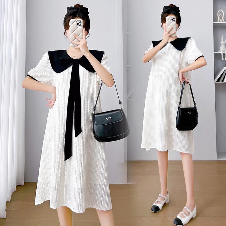 孕妇装夏季新款韩版宽松娃娃领拼色减龄显瘦翻领中长款孕期连衣裙