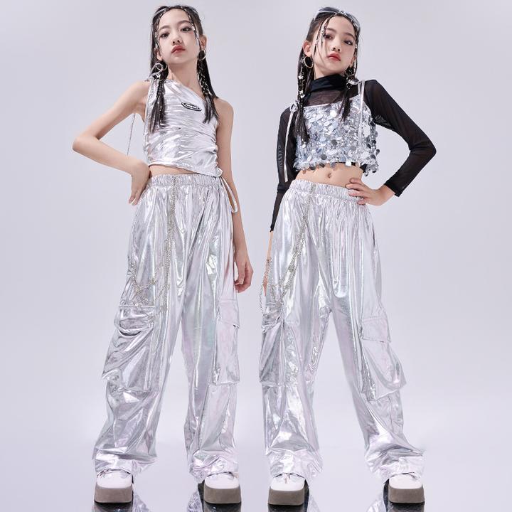 女童爵士舞服装银色亮片潮酷炸街儿童jazz走秀演出服架子鼓表演服