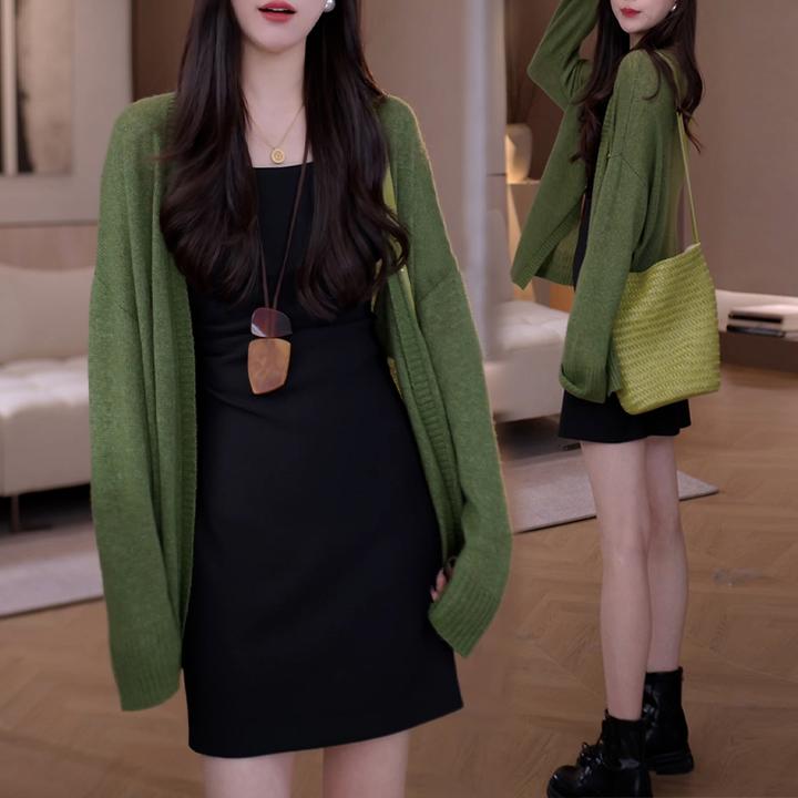 韩系早秋穿搭一整套女装中长款针织衫外套内搭背心连衣裙两件套潮