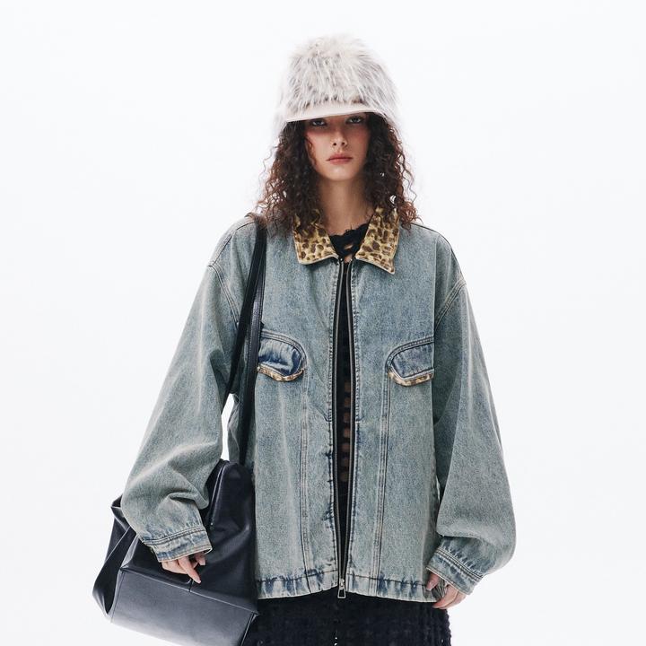 300斤大码美式潮牌豹纹拼接水洗翻领牛仔夹克女ins潮流外套秋冬MM