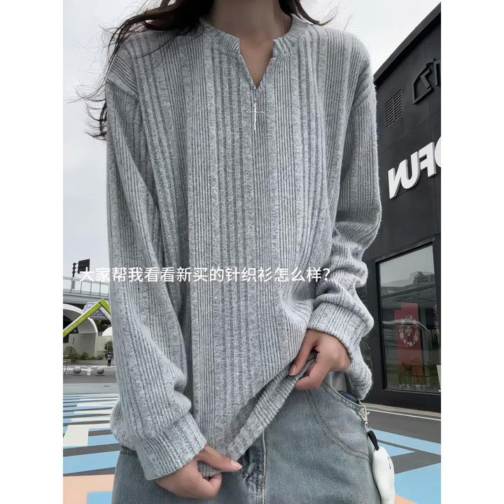 糥叽叽磨毛v领长袖t恤男女秋季新款慵懒松弛感卫衣内搭外穿打底衫