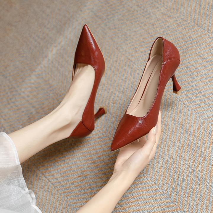 羊皮红色气质高跟鞋女2025年新款春秋尖头浅口细跟职业工作单鞋女