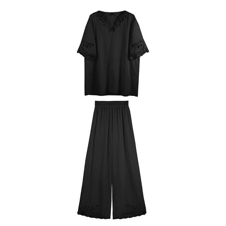新款镂空花边V领上衣宽松休闲裤亚麻两件套休闲套装SHBZXP641386
